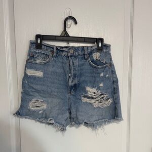 Distressed High-Waist Denim Shorts - Light Blue